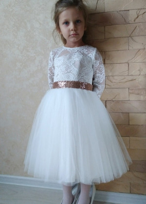 White Lace Flower Girl Dress With Sequin Sash